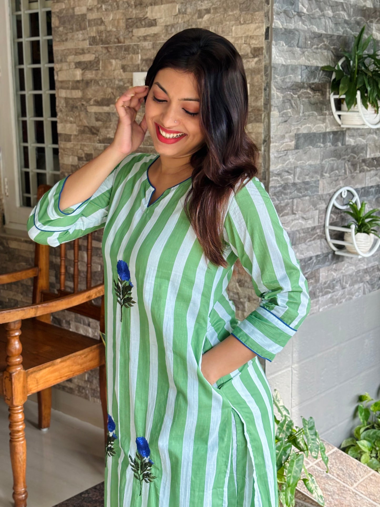 Floral Embroidery Green Stripe Co-ord Set