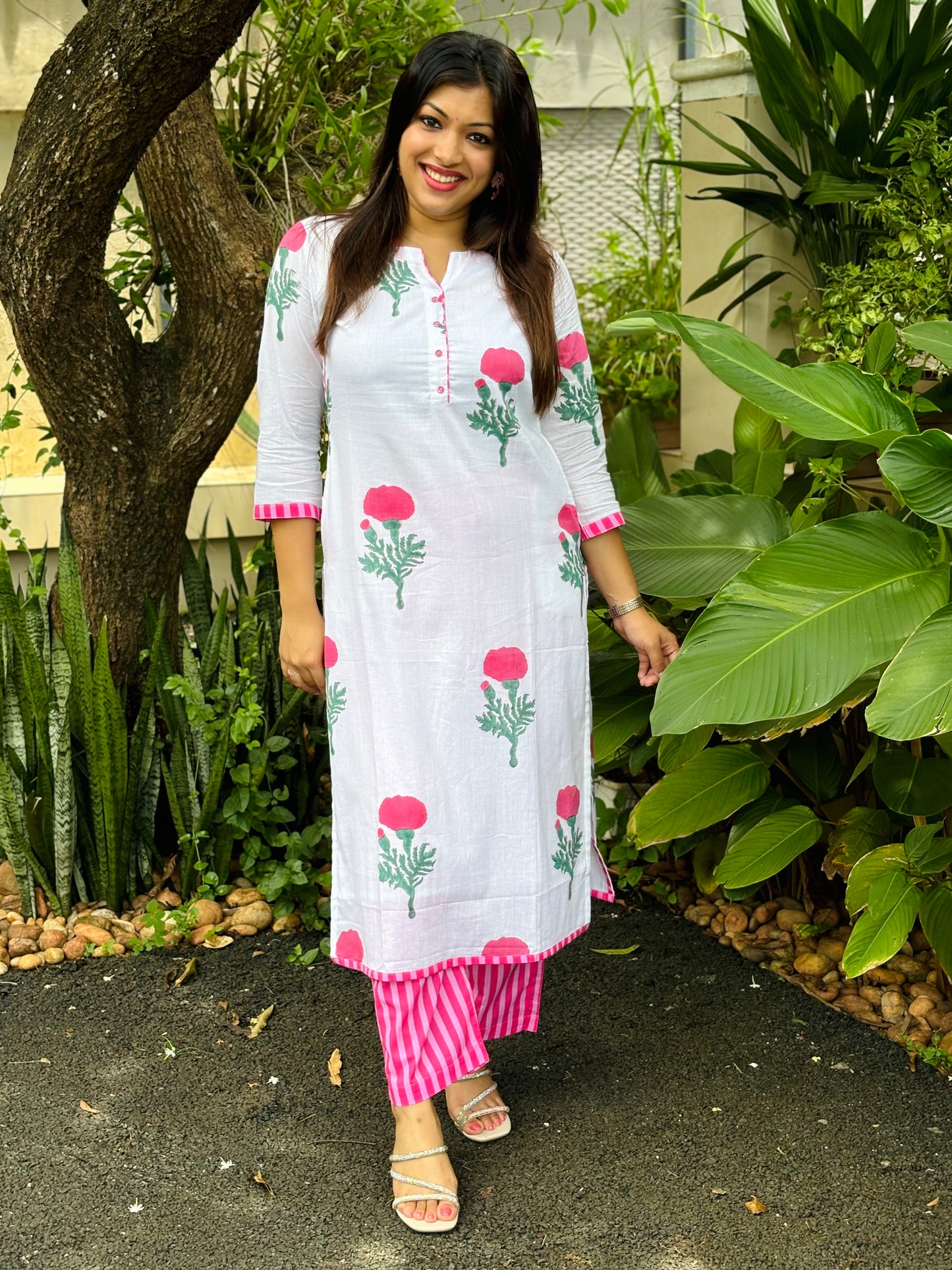 Pink Floral Block Printed Kurta Set with Stripes Bottom - WITH LINING