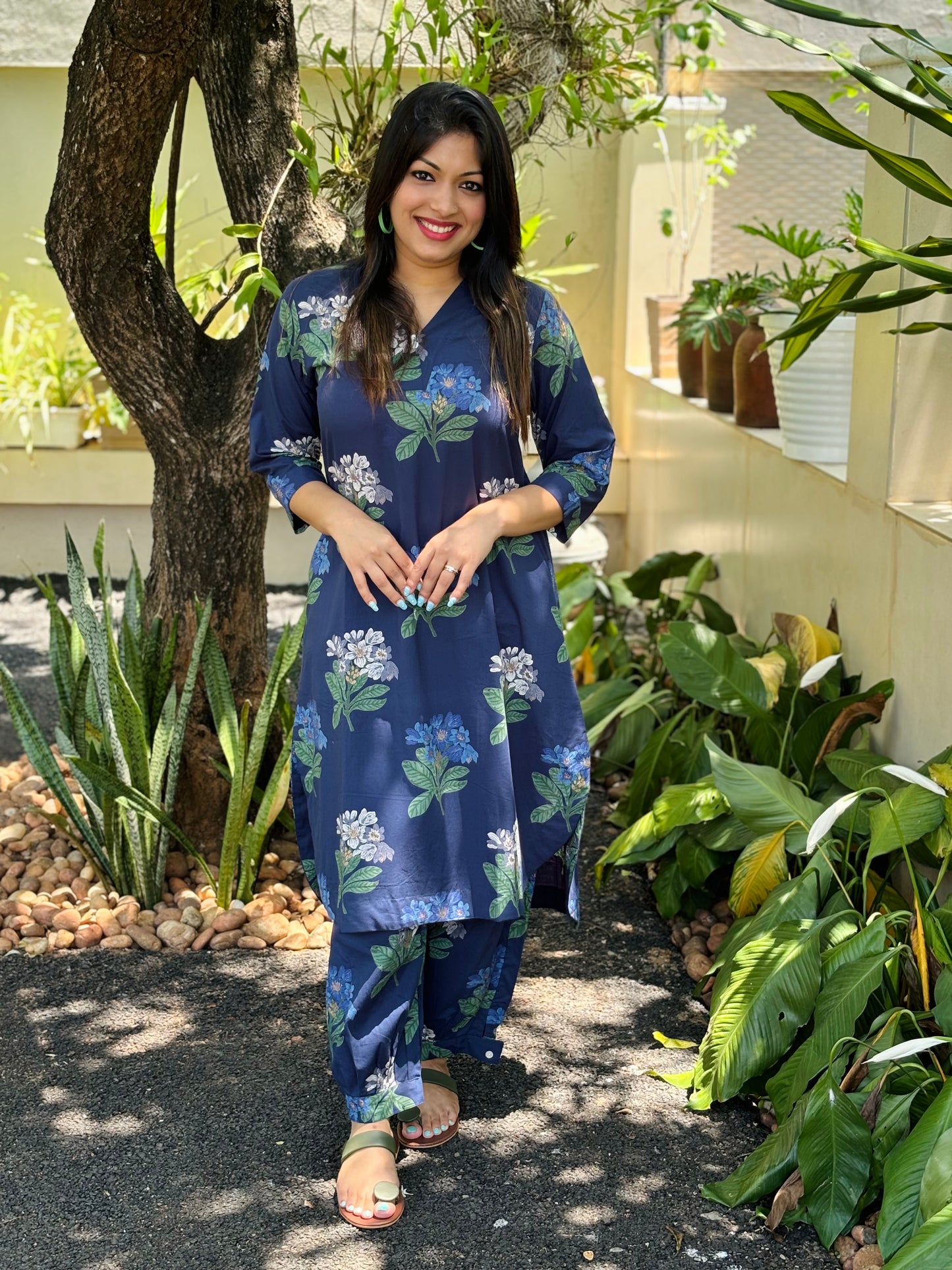 Afghani Navy Blue Floral Cotton Co-ord Set