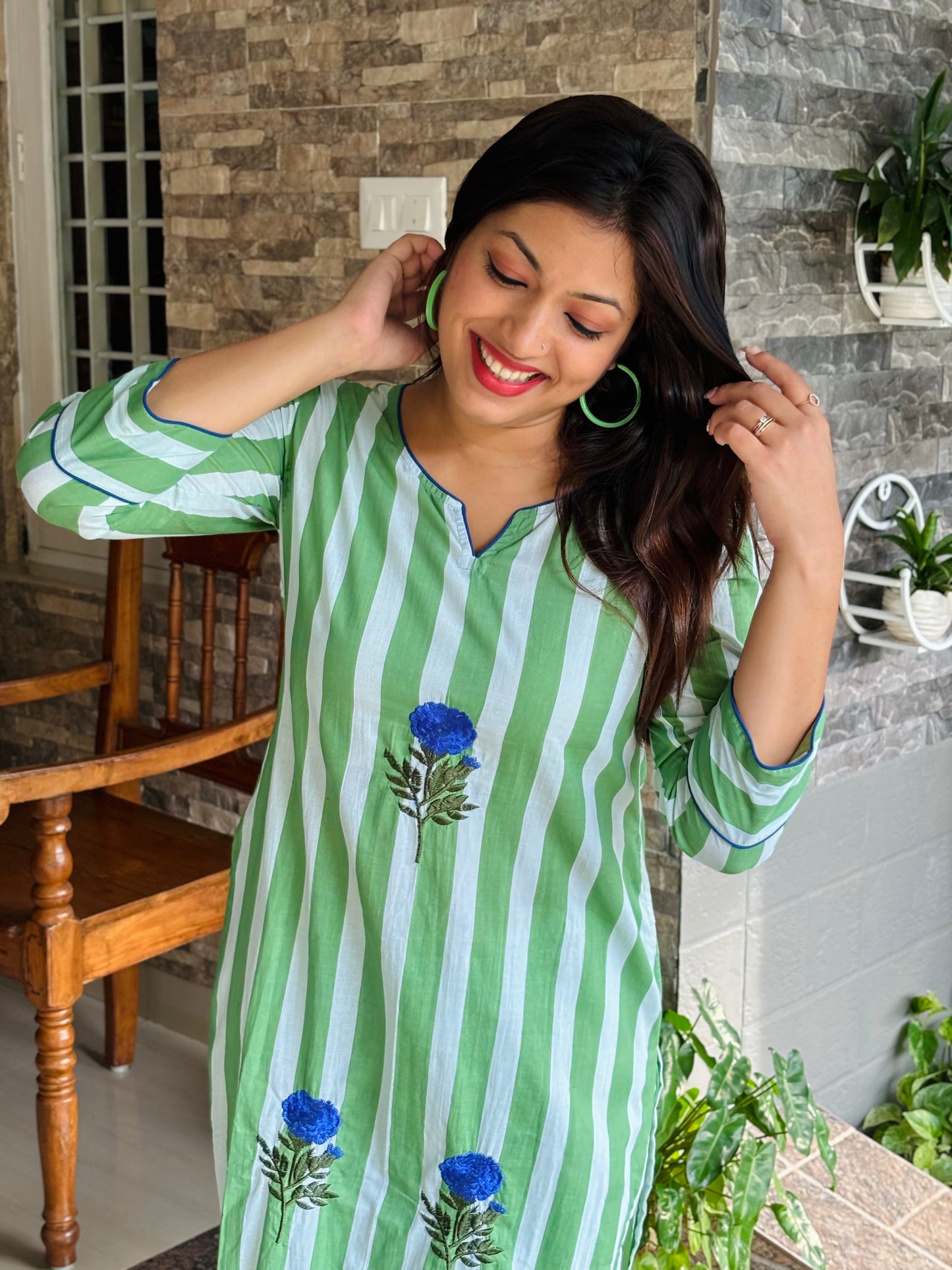 Floral Embroidery Green Stripe Co-ord Set
