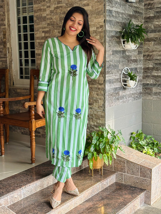 Floral Embroidery Green Stripe Co-ord Set