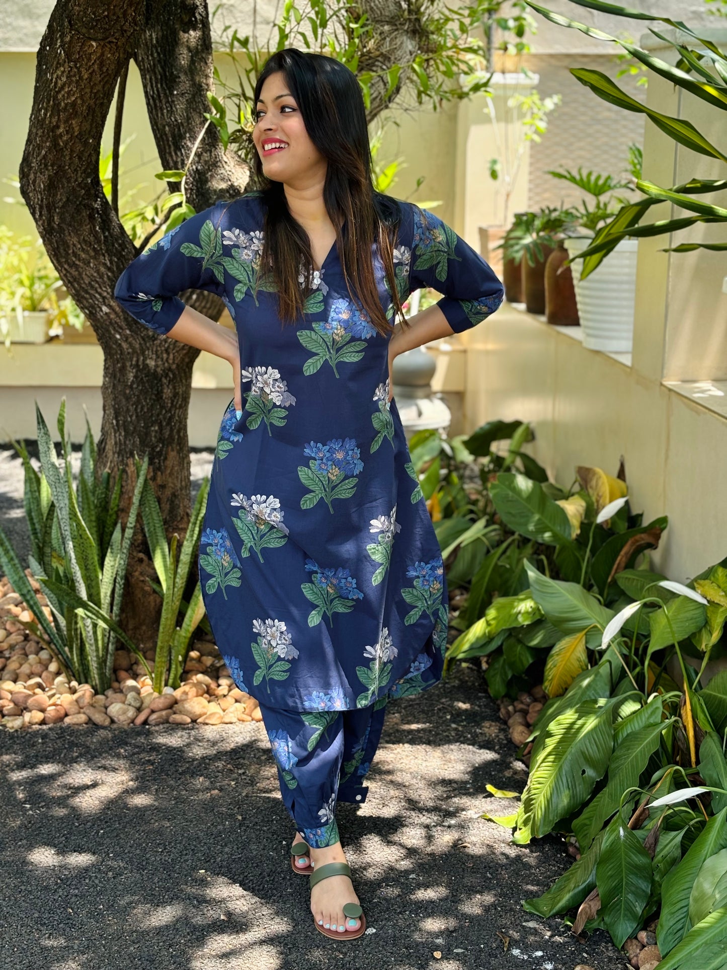 Afghani Navy Blue Floral Cotton Co-ord Set