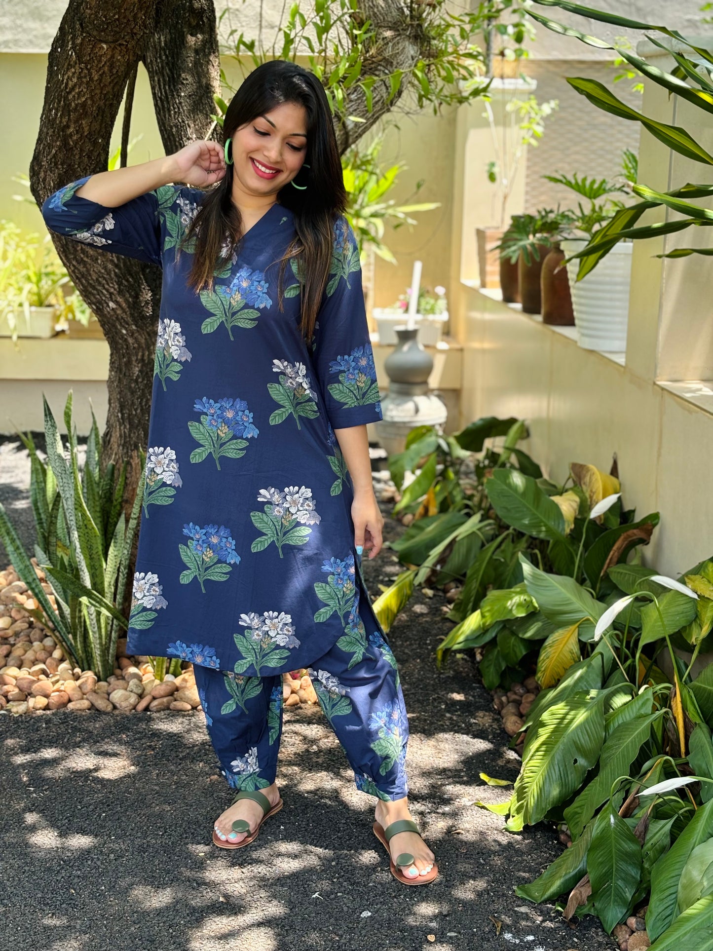 Afghani Navy Blue Floral Cotton Co-ord Set