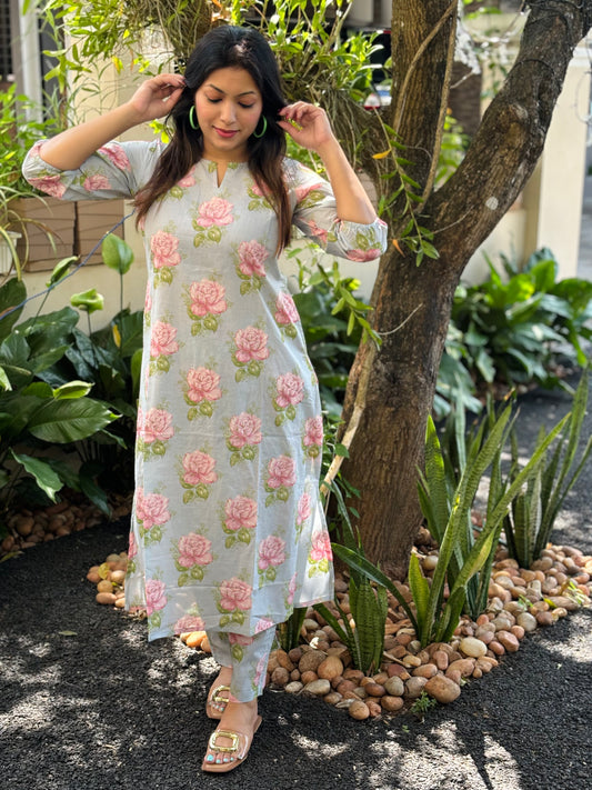 Pastel Blue Rose Floral Cotton Co-ord Set