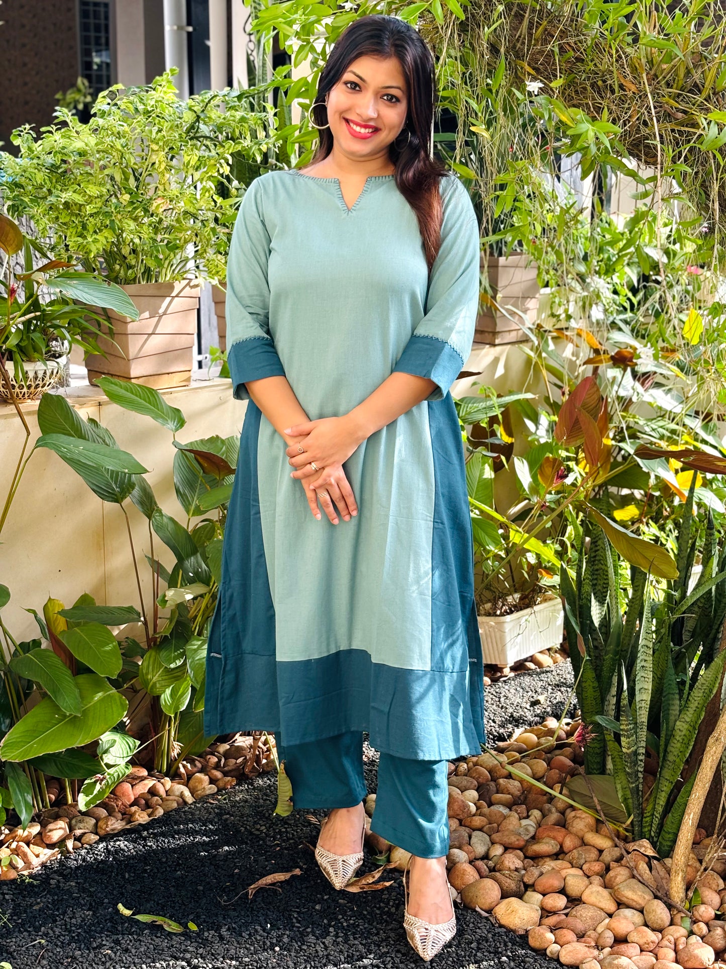Light and Dark Sea Green Plain Cotton Co-ord Set