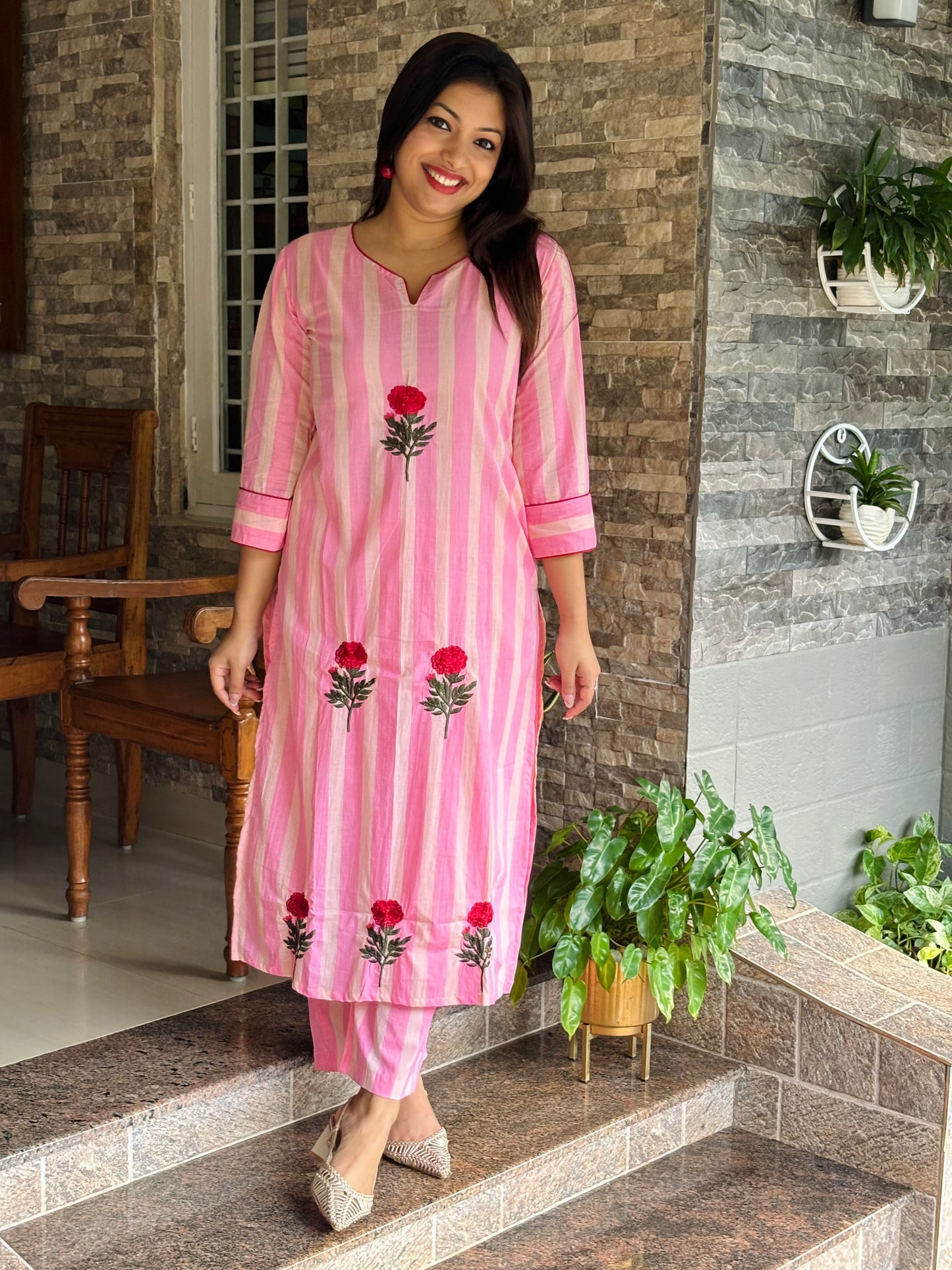 Floral Embroidery Pink Stripe Co-ord Set