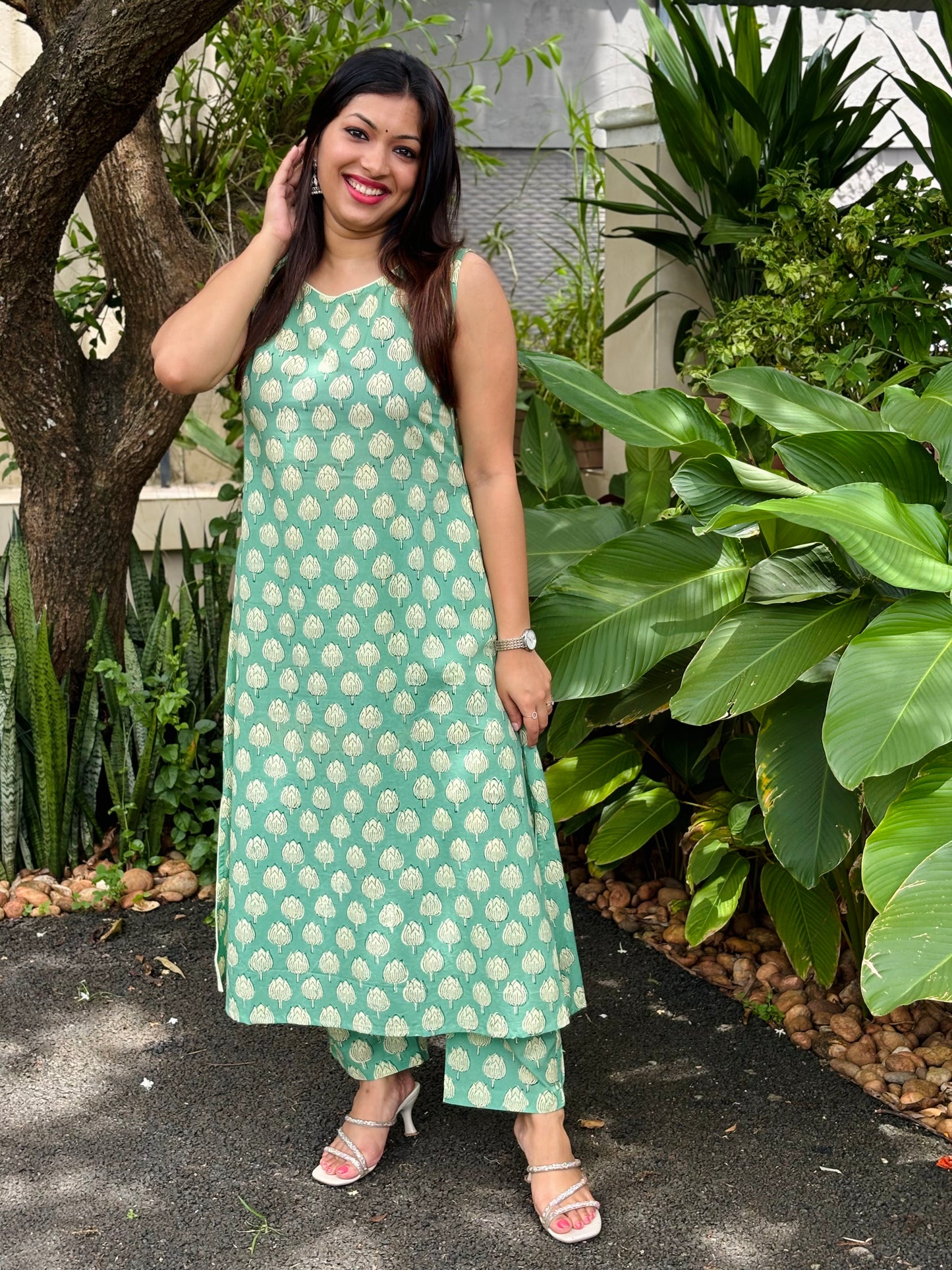 Sea Green Dabu Print Co-ord Set  - (With Attachable Sleeves)