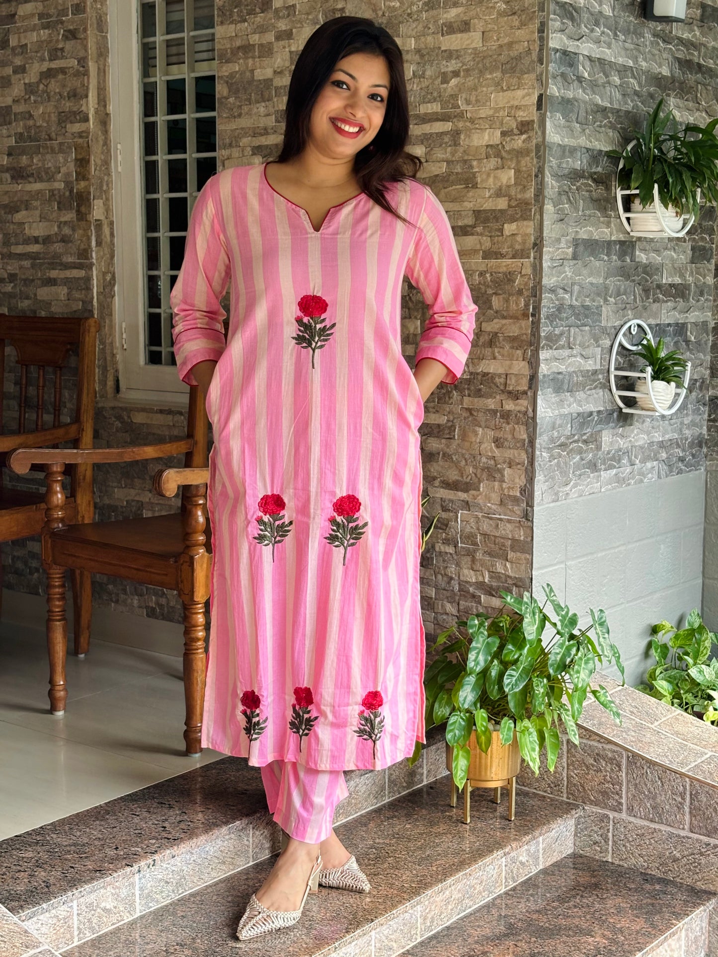 Floral Embroidery Pink Stripe Co-ord Set