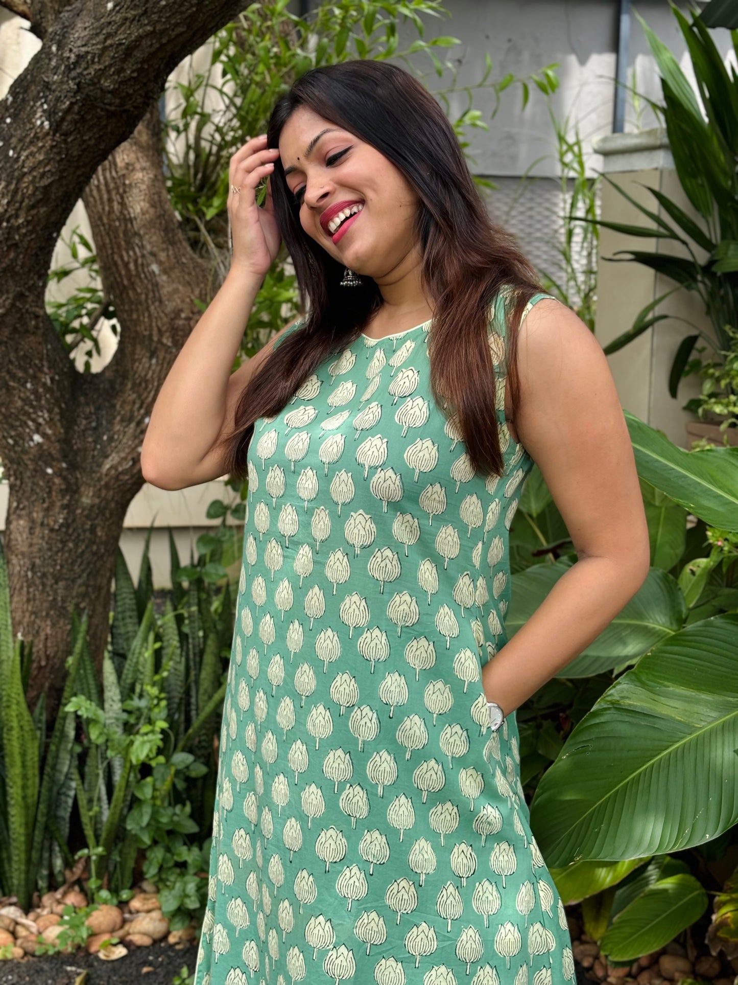 Sea Green Dabu Print Co-ord Set  - (With Attachable Sleeves)