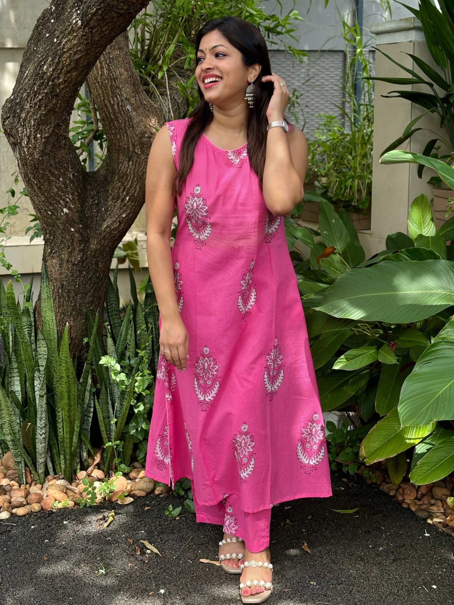 Pink Dabu Print Co-ord Set  - (With Attachable Sleeves)