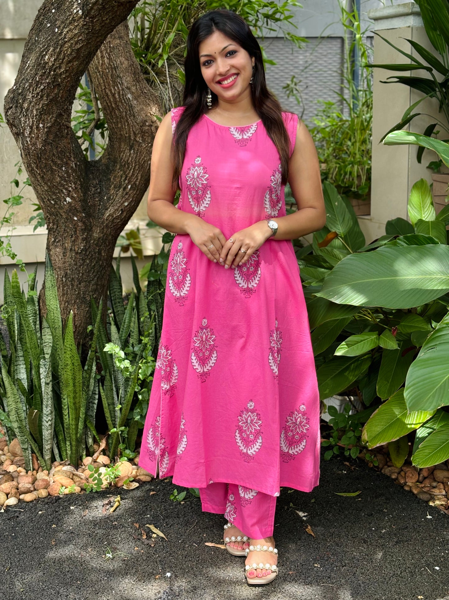 Pink Dabu Print Co-ord Set  - (With Attachable Sleeves)