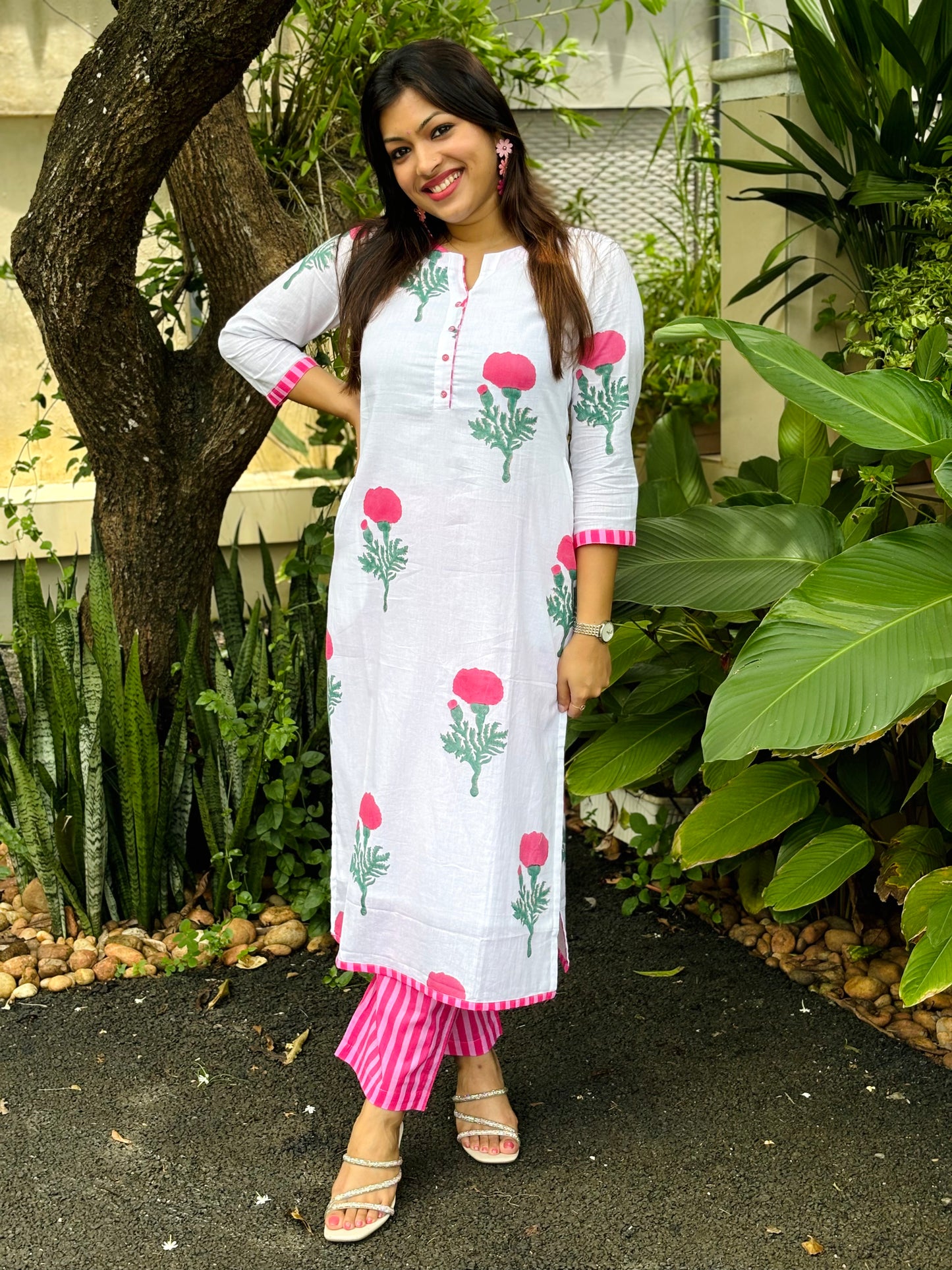 Pink Floral Block Printed Kurta Set with Stripes Bottom - WITH LINING
