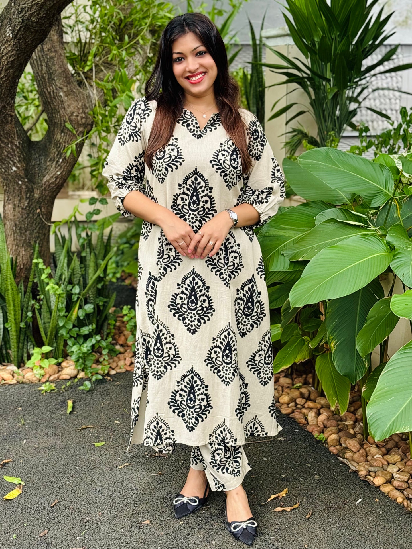 Beige and Black Floral Co-ord Set