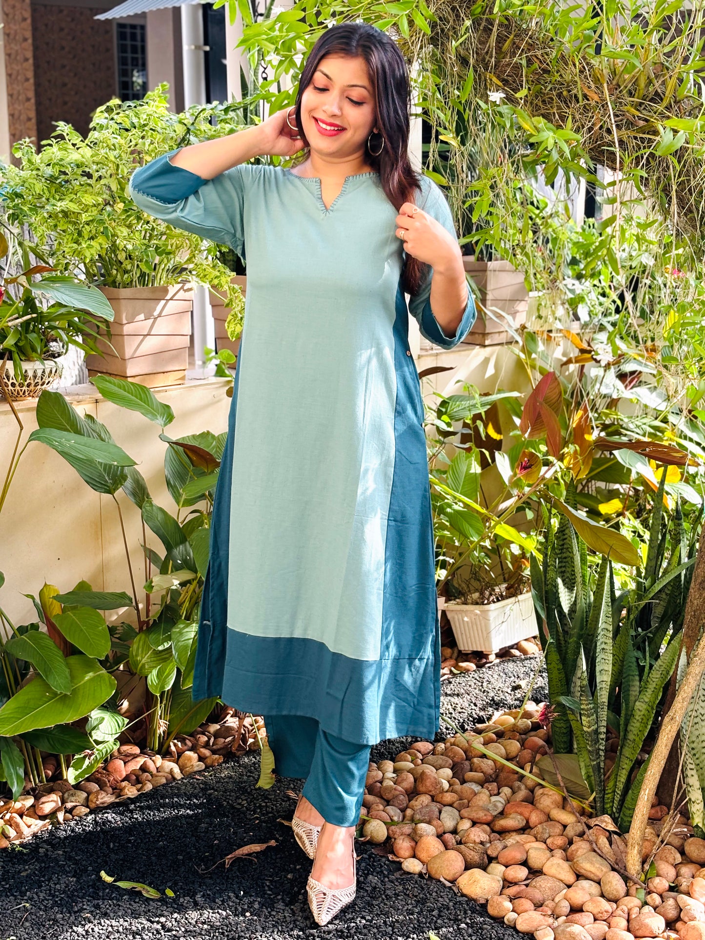 Light and Dark Sea Green Plain Cotton Co-ord Set