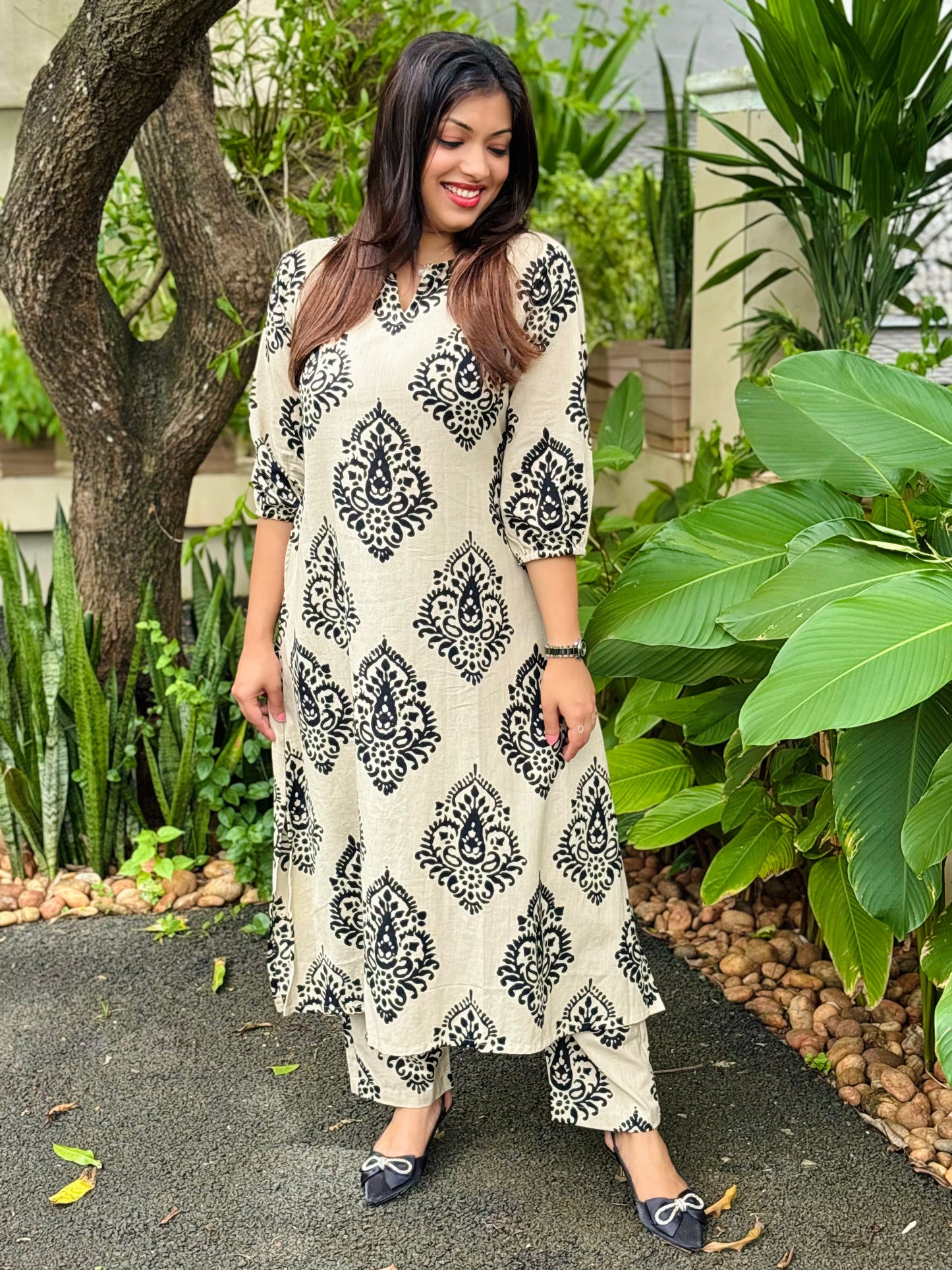 Beige and Black Floral Co-ord Set