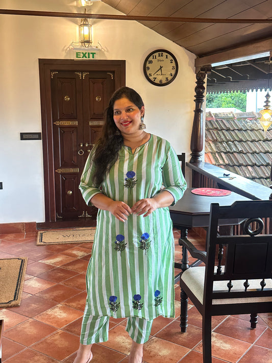 Floral Embroidery Green Stripe Co-ord Set