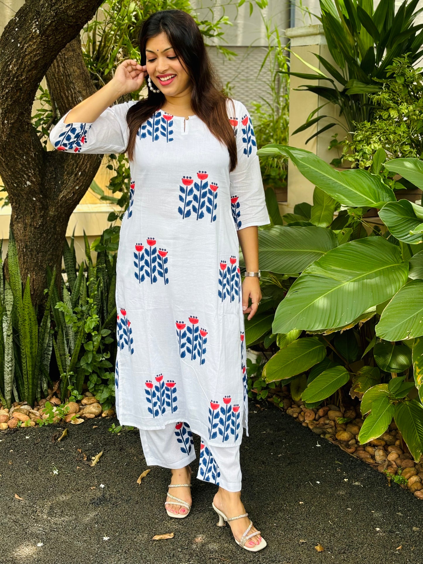 Blue Floral Block Printed Co-ord Set  - WITH LINING