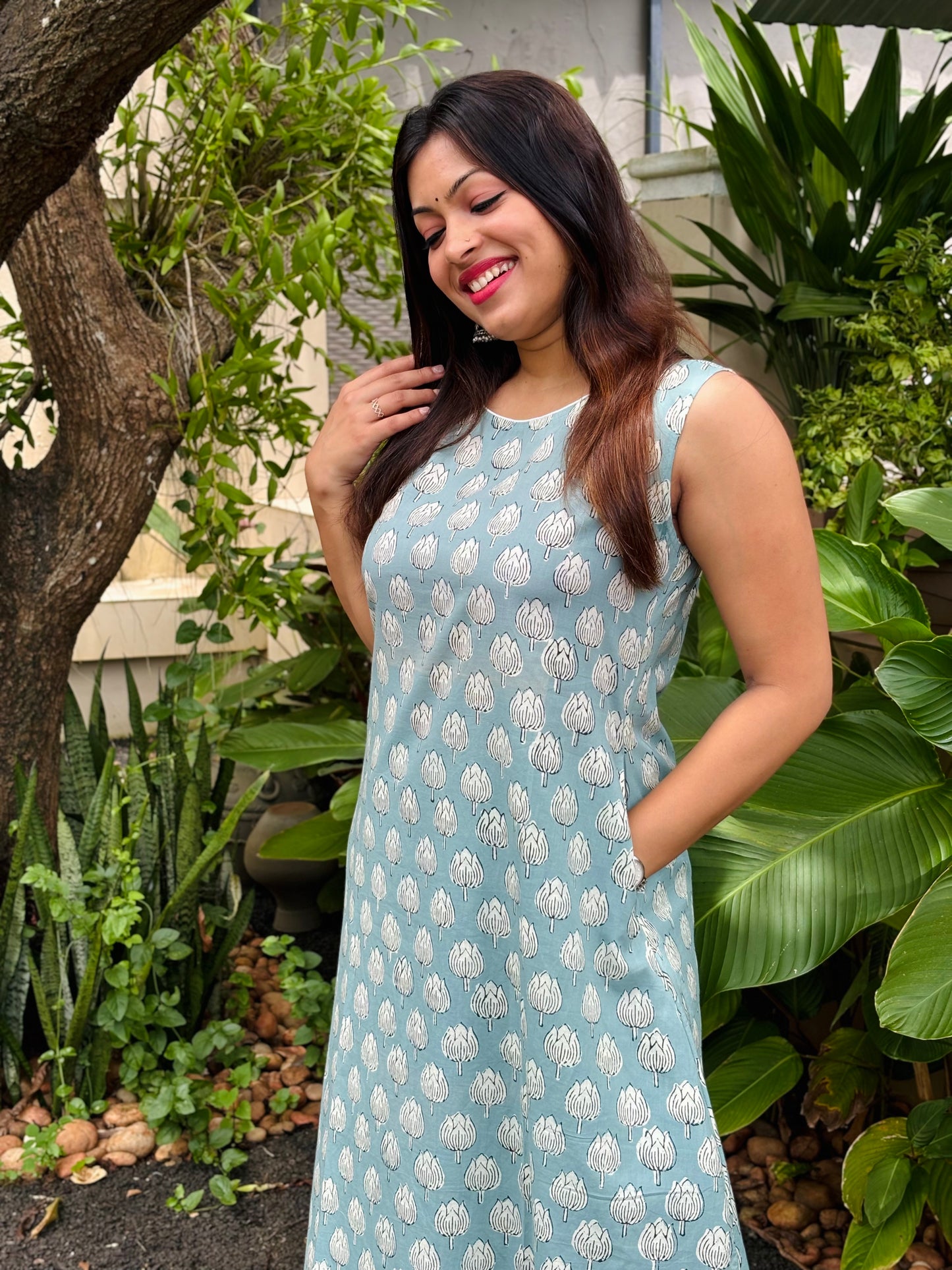 Powder Blue Dabu Print Co-ord Set  - (With Attachable Sleeves)