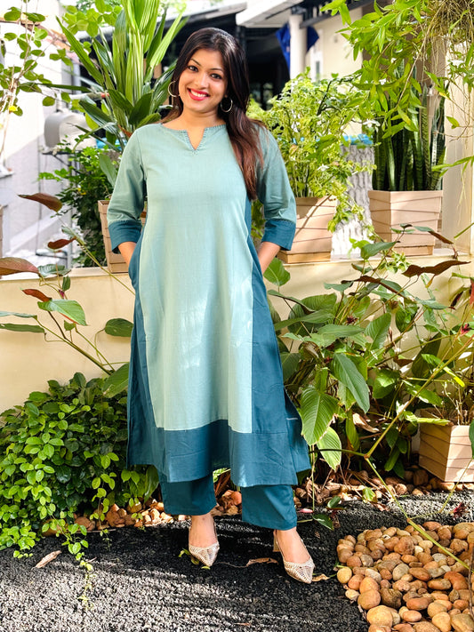 Light and Dark Sea Green Plain Cotton Co-ord Set