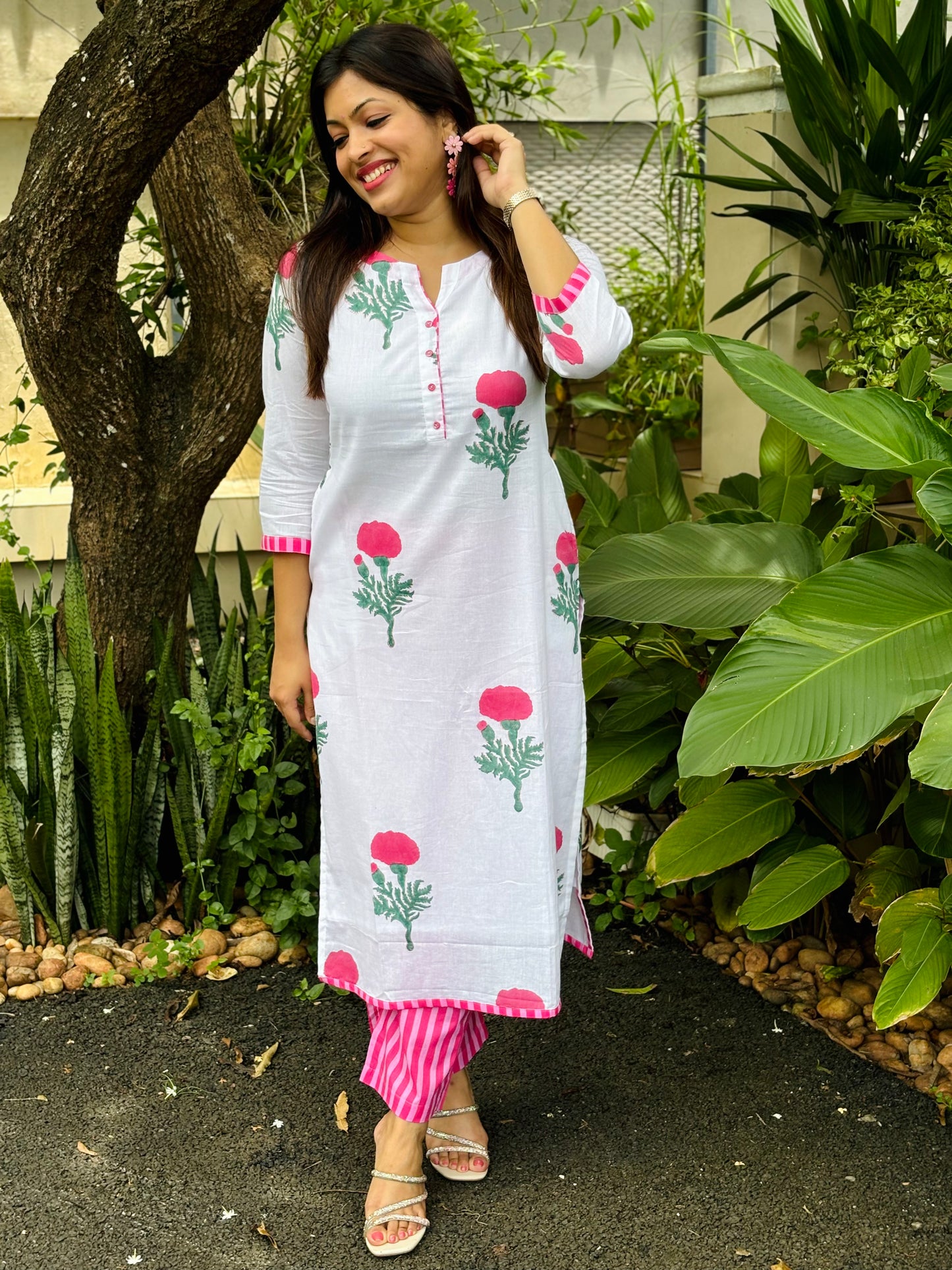 Pink Floral Block Printed Kurta Set with Stripes Bottom - WITH LINING