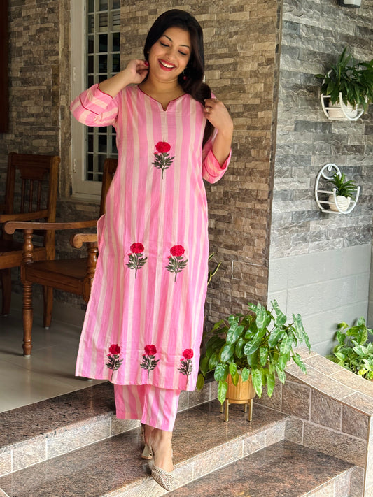 Floral Embroidery Pink Stripe Co-ord Set