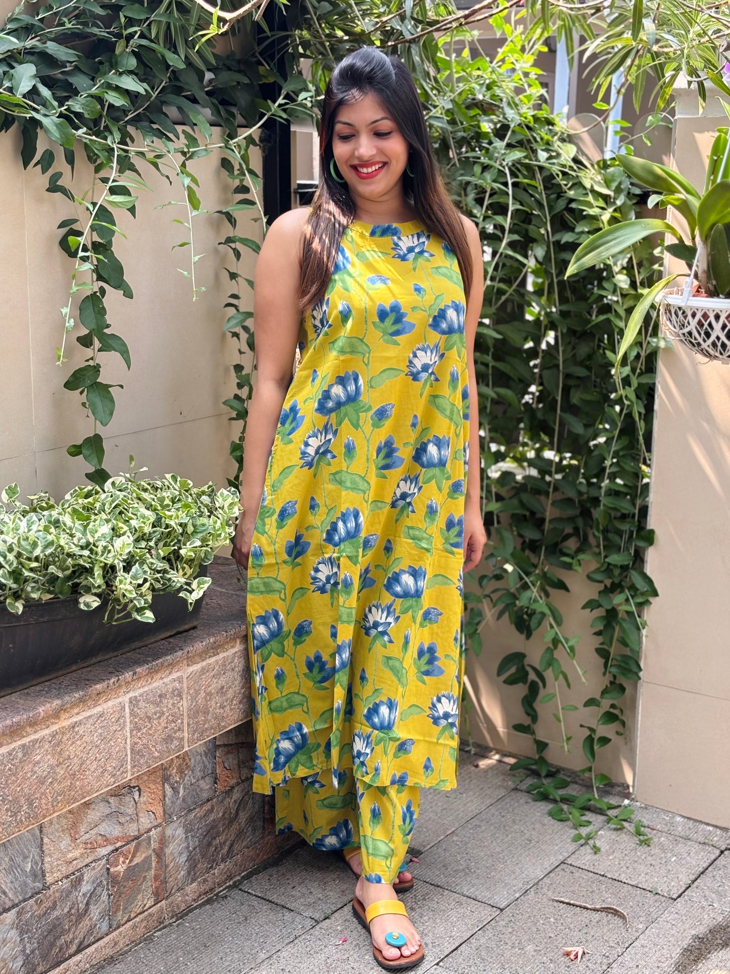Sleeveless Sunshine Yellow Floral Co-ord Set